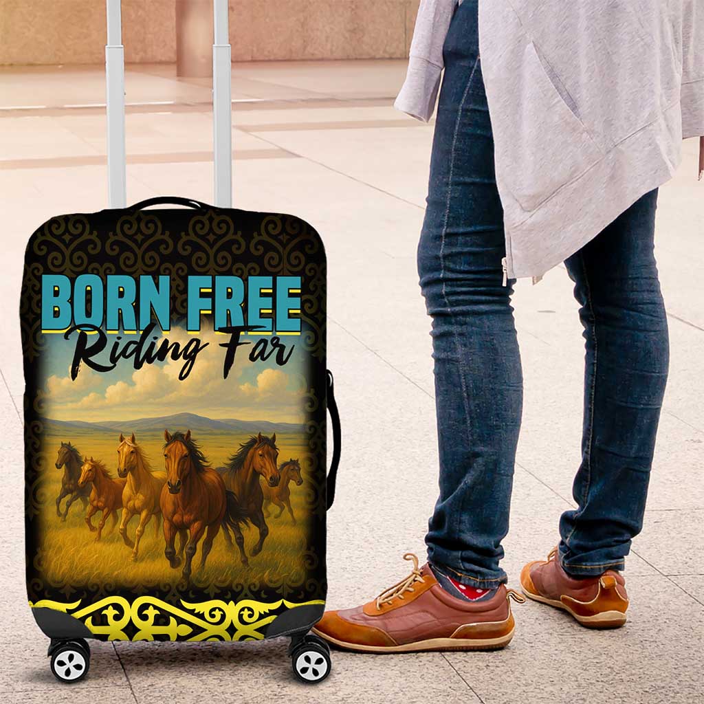 Kazakhstan Born Free Riding Far Luggage Cover with Wild Horses and Gold Tribal Pattern on Black TS04