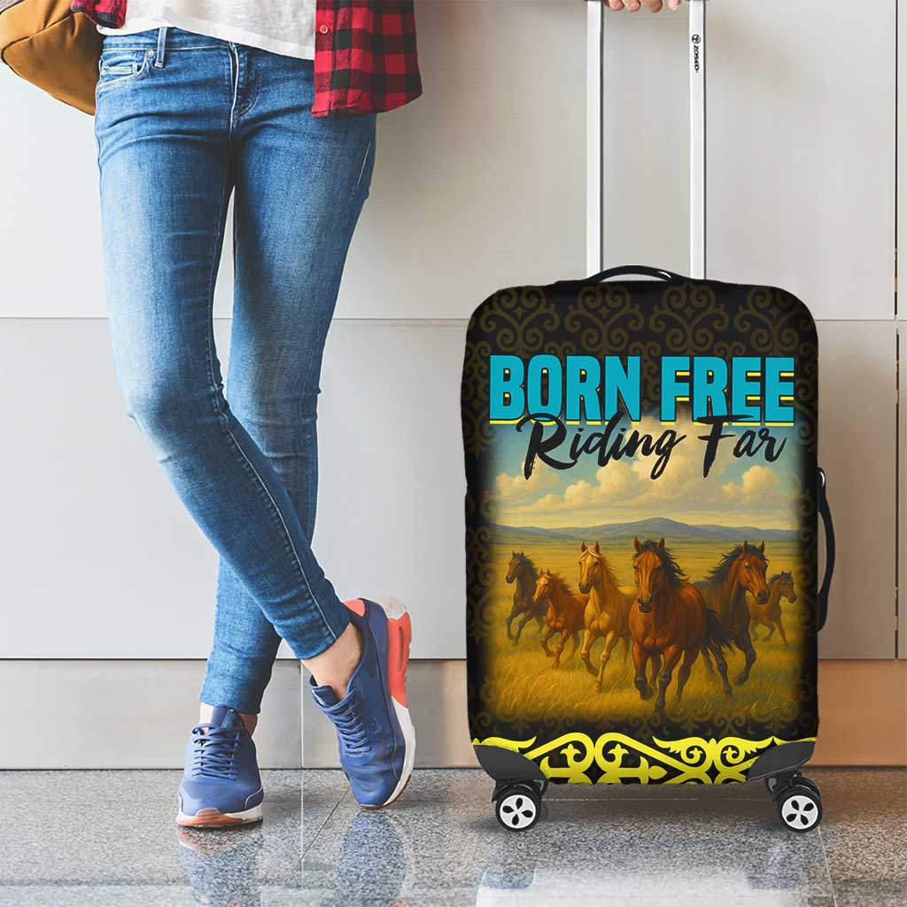 Kazakhstan Born Free Riding Far Luggage Cover with Wild Horses and Gold Tribal Pattern on Black TS04