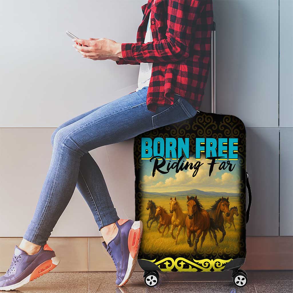 Kazakhstan Born Free Riding Far Luggage Cover with Wild Horses and Gold Tribal Pattern on Black TS04