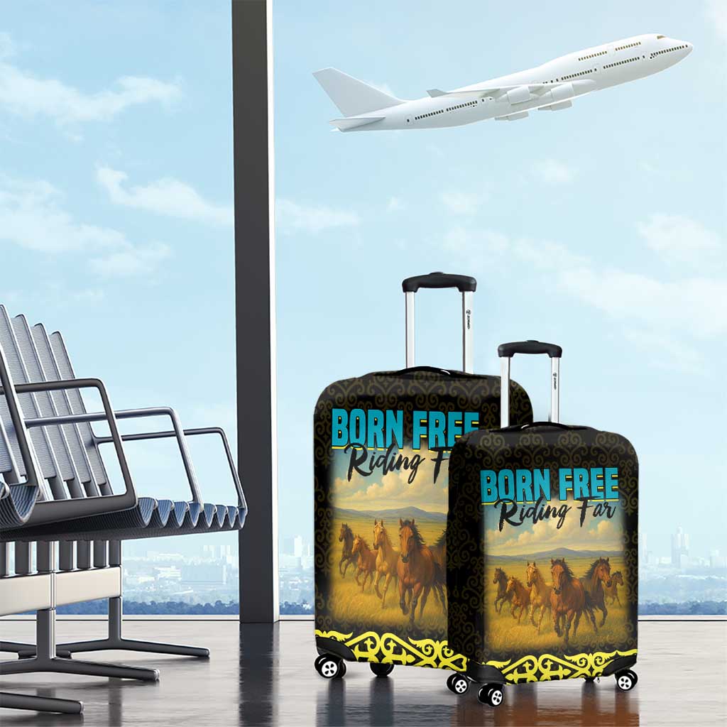 Kazakhstan Born Free Riding Far Luggage Cover with Wild Horses and Gold Tribal Pattern on Black TS04