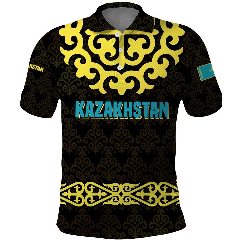 Kazakhstan Born Free Riding Far Polo Shirt with Wild Horses and Gold Tribal Pattern on Black TS04