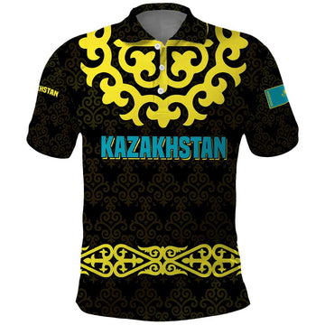 Kazakhstan Born Free Riding Far Polo Shirt with Wild Horses and Gold Tribal Pattern on Black TS04