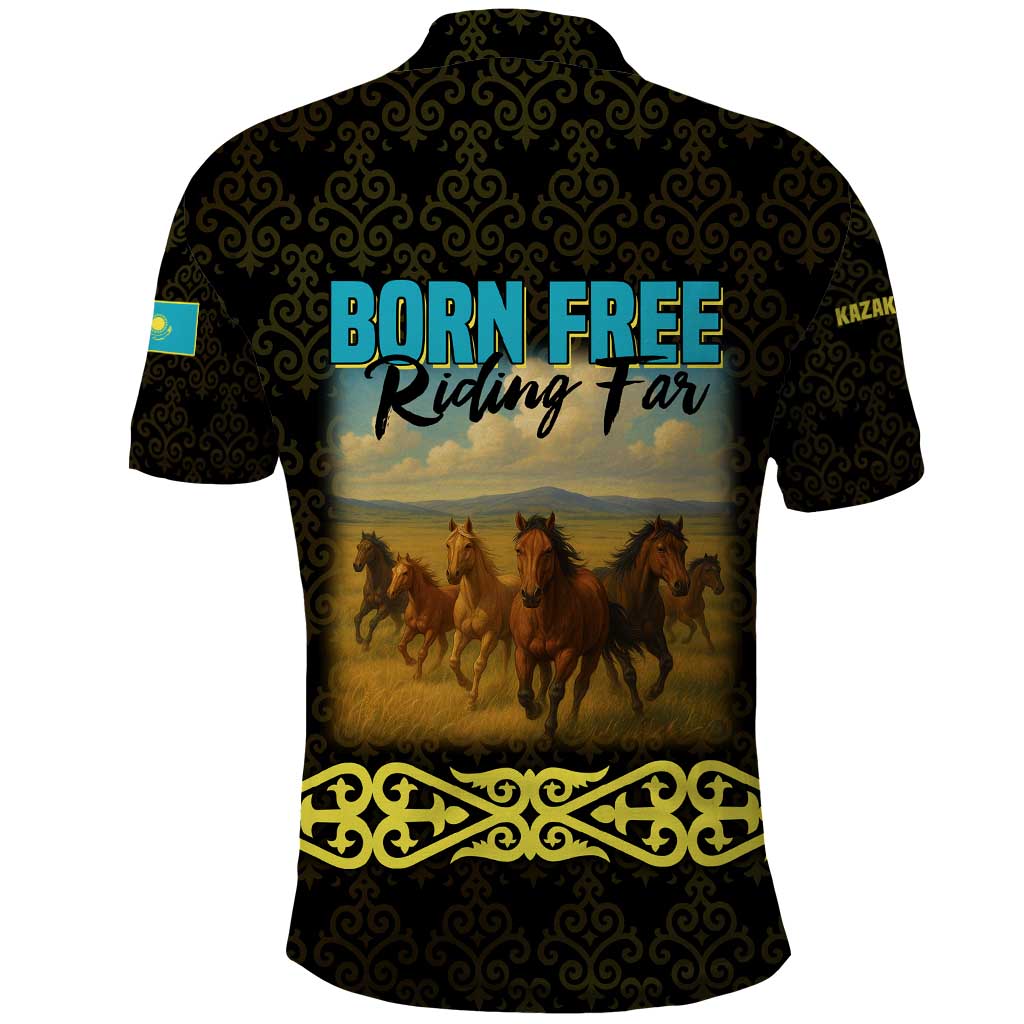 Kazakhstan Born Free Riding Far Polo Shirt with Wild Horses and Gold Tribal Pattern on Black TS04