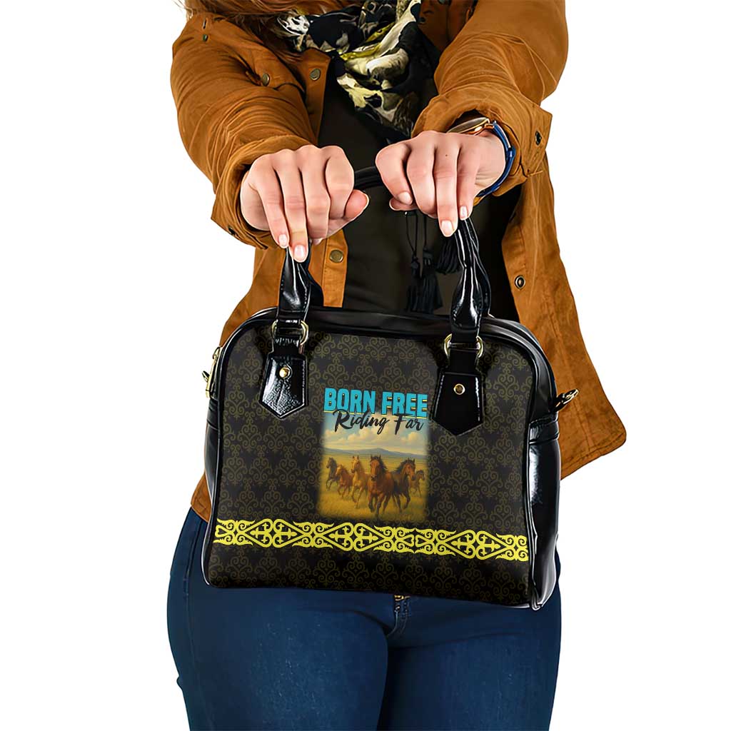 Kazakhstan Born Free Riding Far Shoulder Handbag with Wild Horses and Gold Tribal Pattern on Black TS04