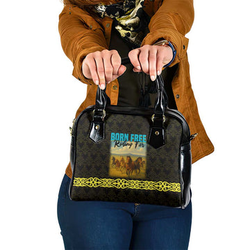 Kazakhstan Born Free Riding Far Shoulder Handbag with Wild Horses and Gold Tribal Pattern on Black TS04