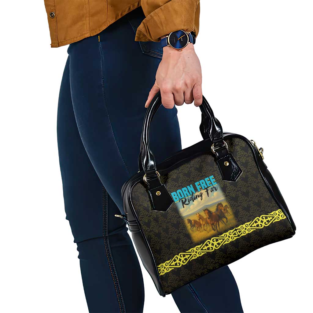 Kazakhstan Born Free Riding Far Shoulder Handbag with Wild Horses and Gold Tribal Pattern on Black TS04