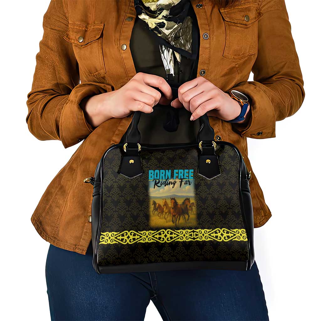 Kazakhstan Born Free Riding Far Shoulder Handbag with Wild Horses and Gold Tribal Pattern on Black TS04