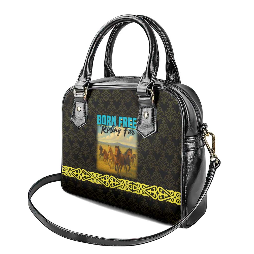 Kazakhstan Born Free Riding Far Shoulder Handbag with Wild Horses and Gold Tribal Pattern on Black TS04