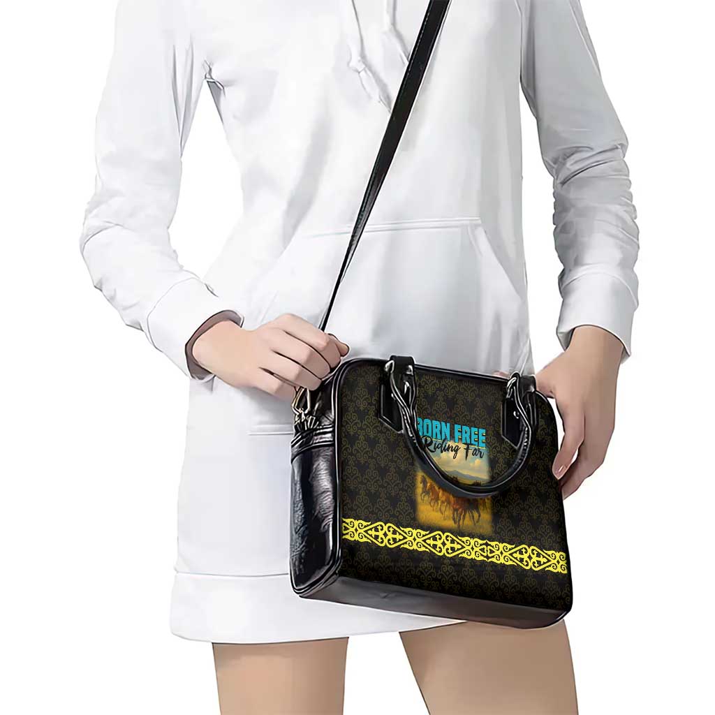 Kazakhstan Born Free Riding Far Shoulder Handbag with Wild Horses and Gold Tribal Pattern on Black TS04