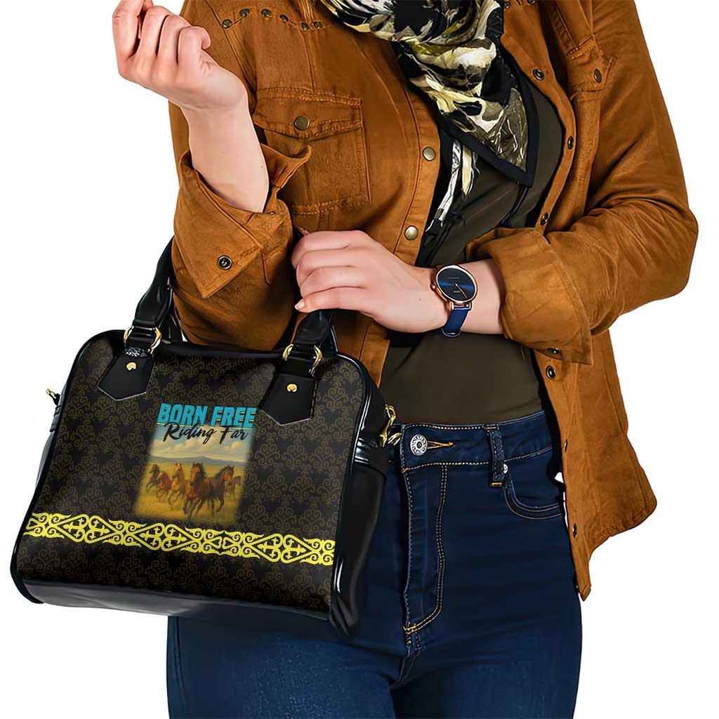 Kazakhstan Born Free Riding Far Shoulder Handbag with Wild Horses and Gold Tribal Pattern on Black TS04
