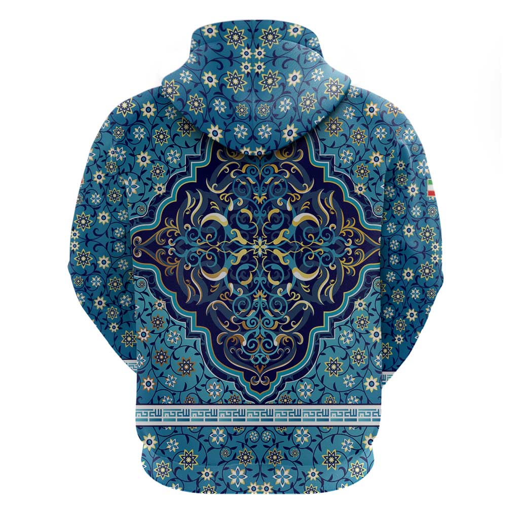 Iranian Mosaic Art Pattern Hoodie with Persian Calligraphy and Flag Accents TS04