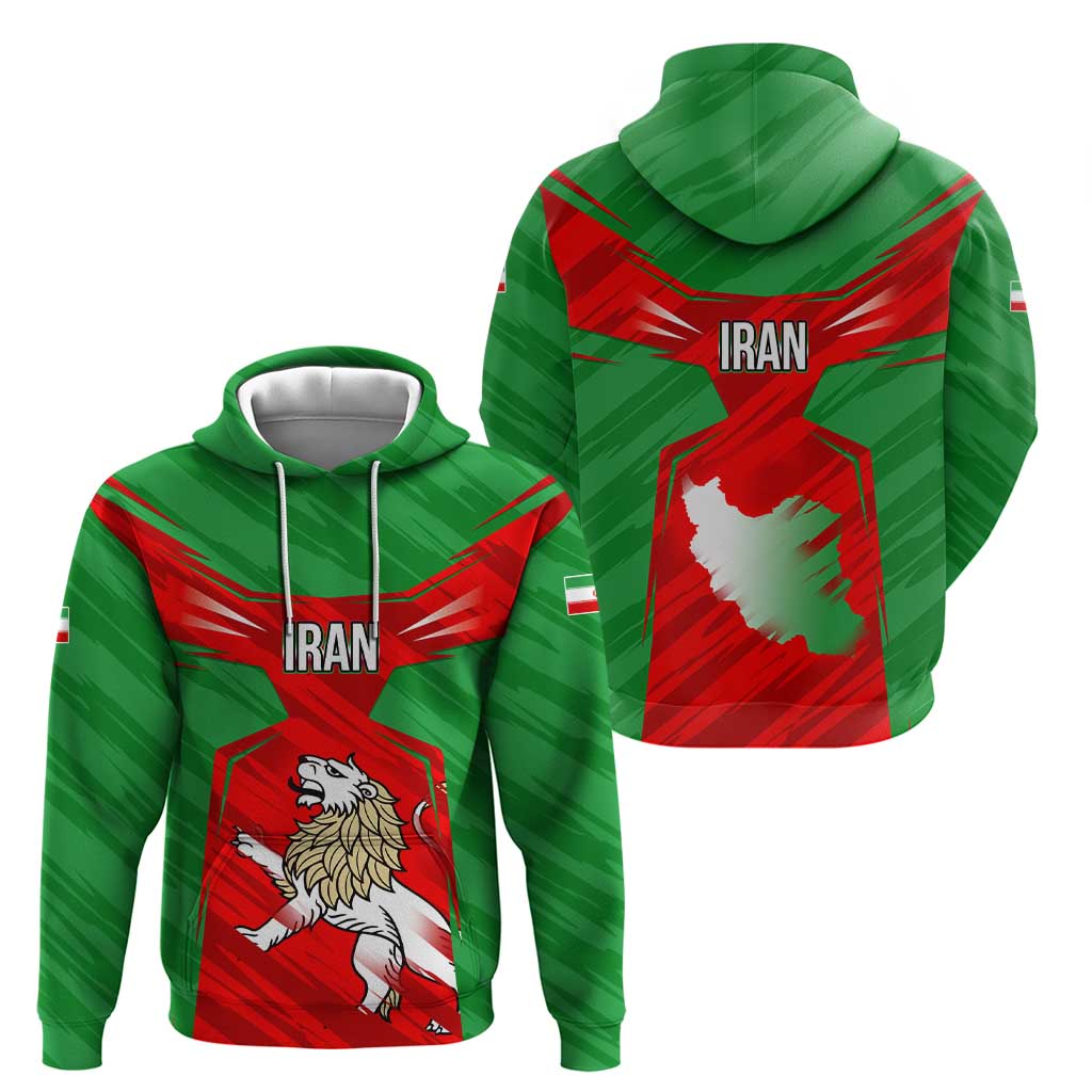 Iran National Pride Hoodie with Bold Lion Crest and Country Silhouette TS04