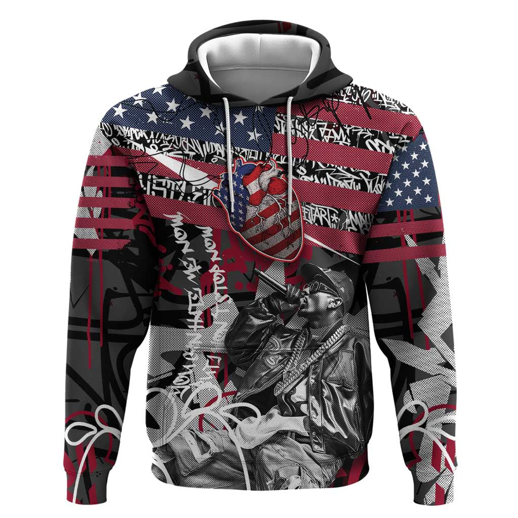 Hip Hop Graffiti Hoodie with Rapper Portrait and American Flag Street Art TS04