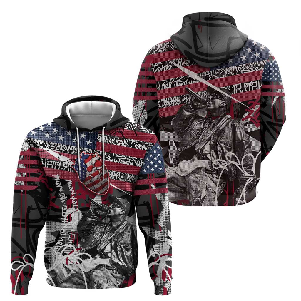Hip Hop Graffiti Hoodie with Rapper Portrait and American Flag Street Art TS04
