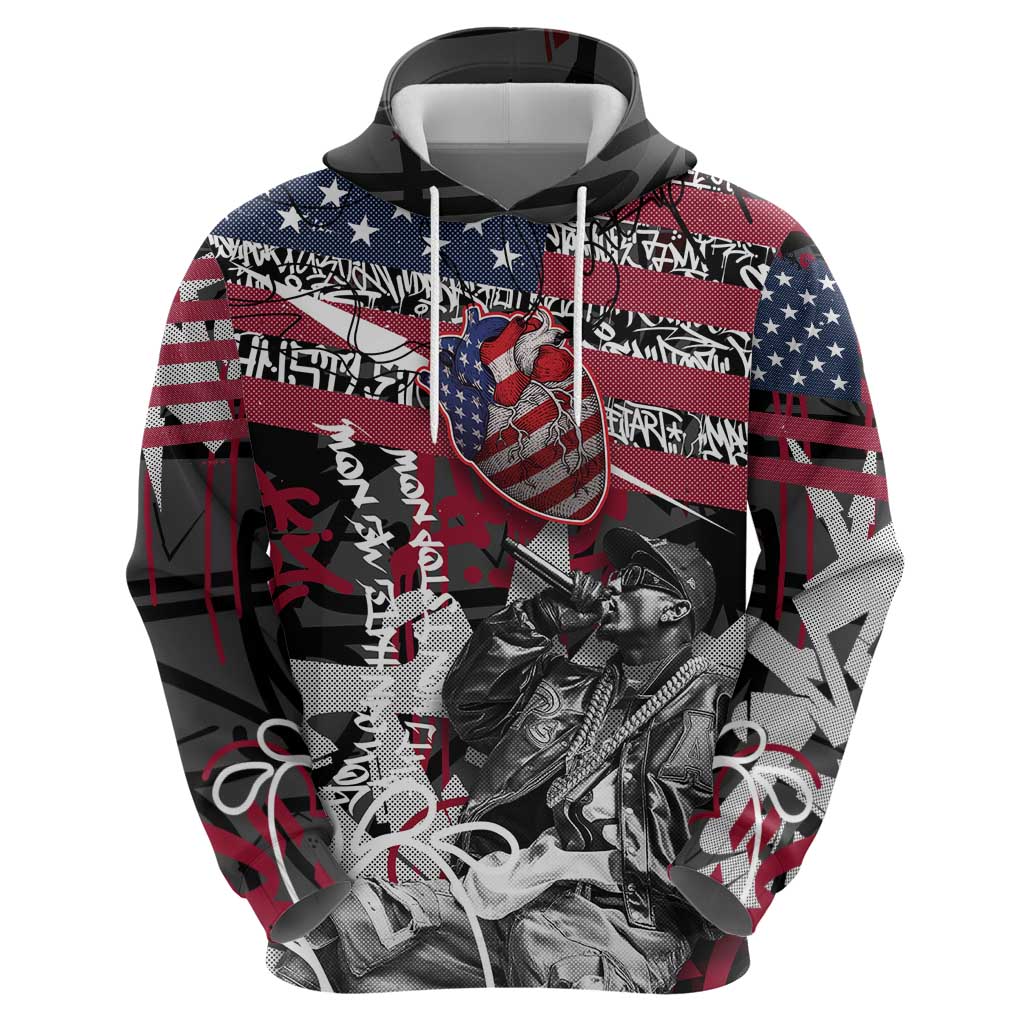 Hip Hop Graffiti Hoodie with Rapper Portrait and American Flag Street Art TS04