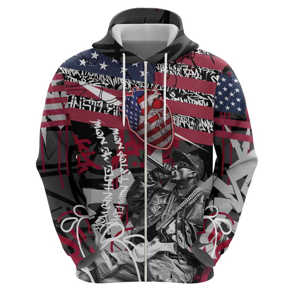 Hip Hop Graffiti Hoodie with Rapper Portrait and American Flag Street Art TS04