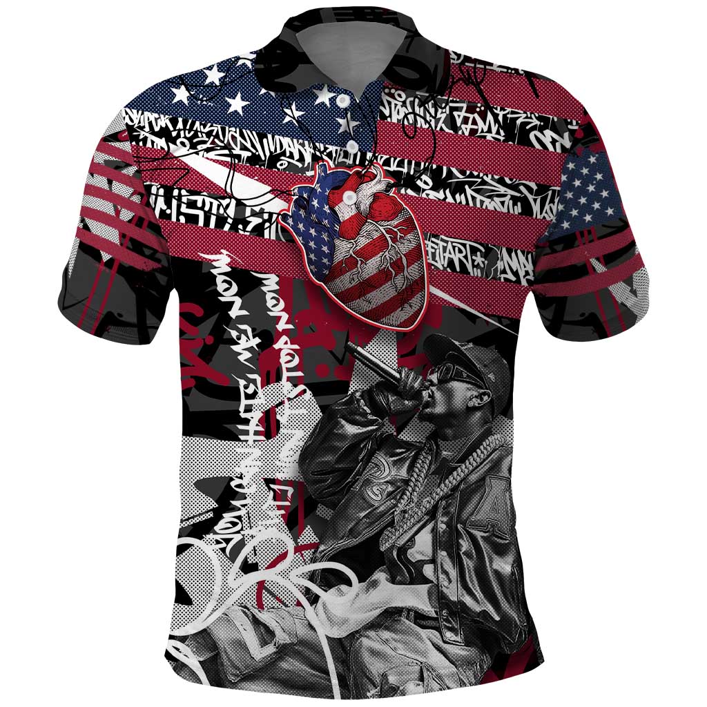 Hip Hop Graffiti Polo Shirt with Rapper Portrait and American Flag Street Art TS04