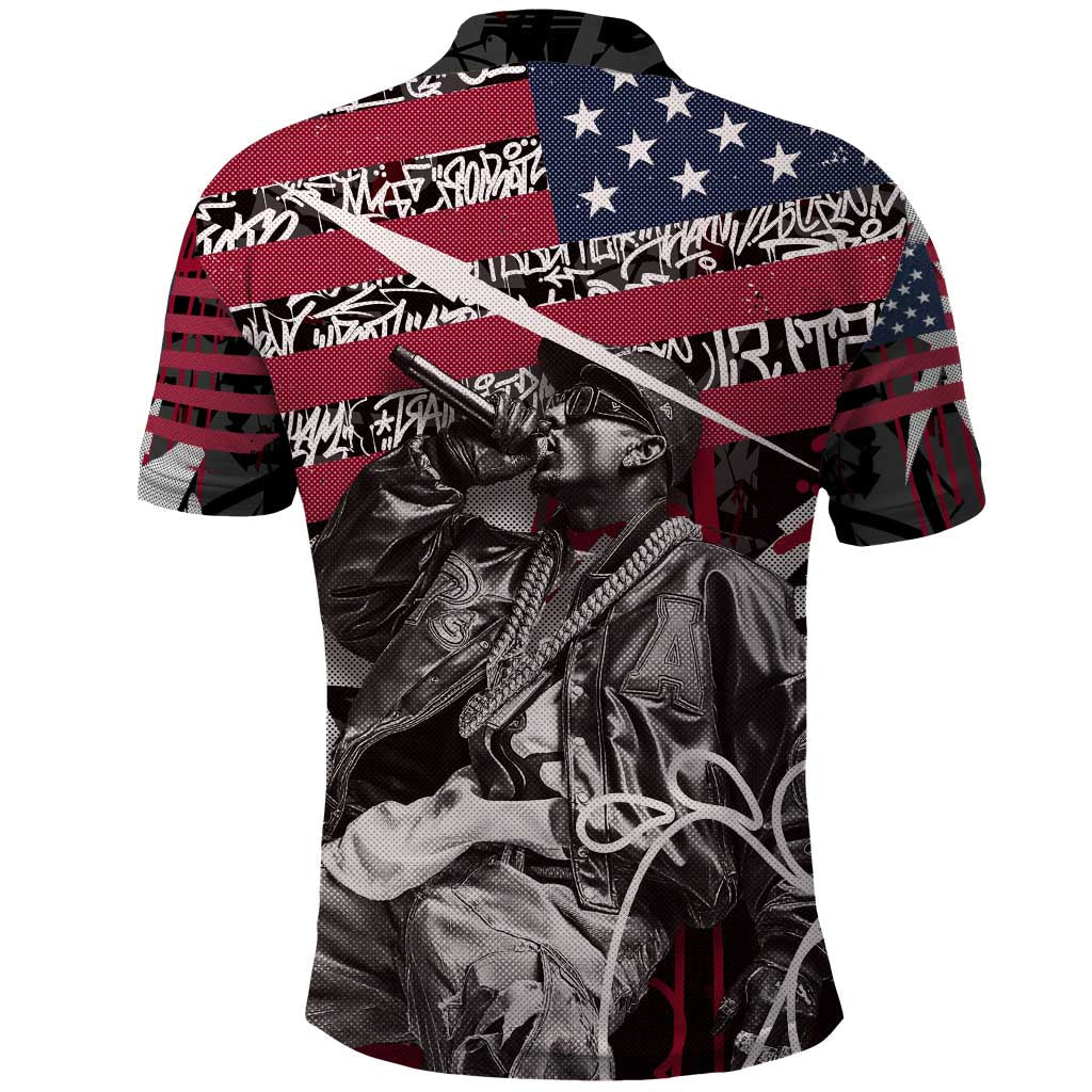 Hip Hop Graffiti Polo Shirt with Rapper Portrait and American Flag Street Art TS04