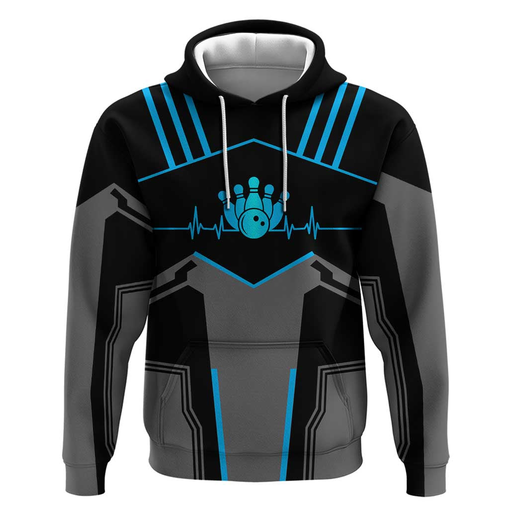 Custom Bowling Team Hoodie with Blue Bowling Pin Heartbeat Graphic and Winged Emblem TS04
