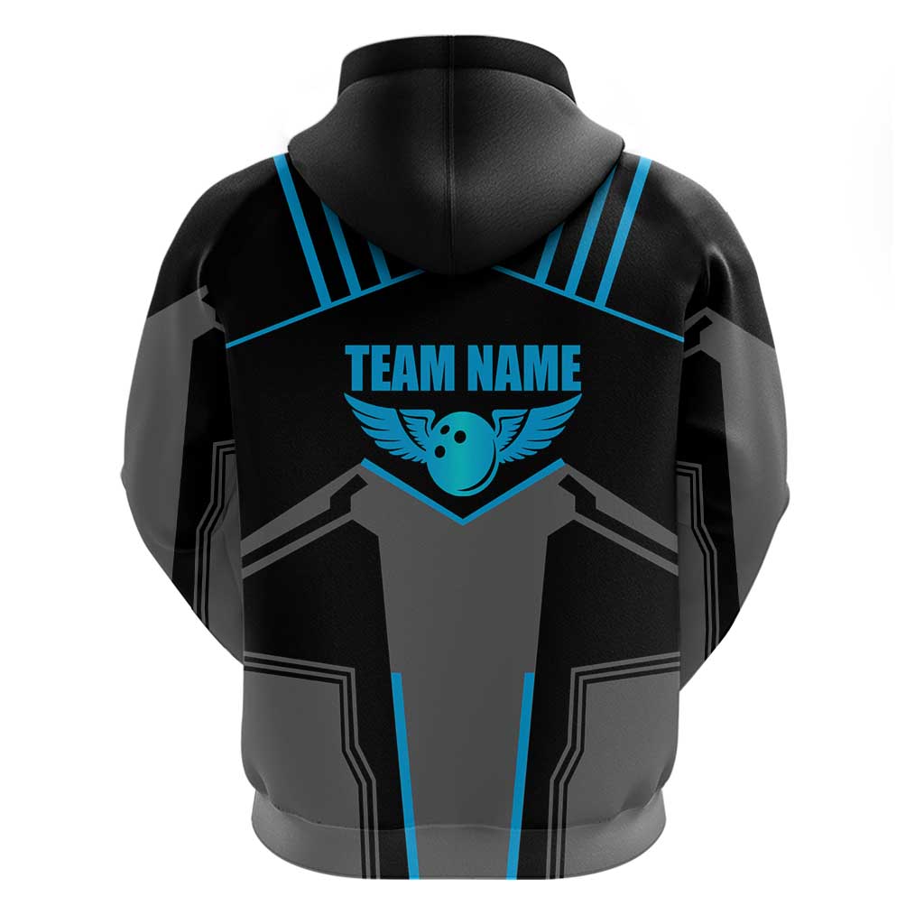 Custom Bowling Team Hoodie with Blue Bowling Pin Heartbeat Graphic and Winged Emblem TS04