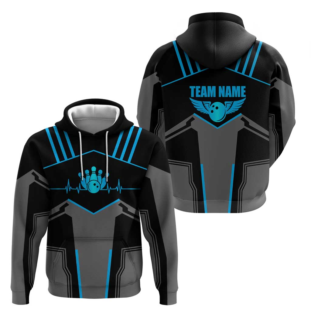 Custom Bowling Team Hoodie with Blue Bowling Pin Heartbeat Graphic and Winged Emblem TS04