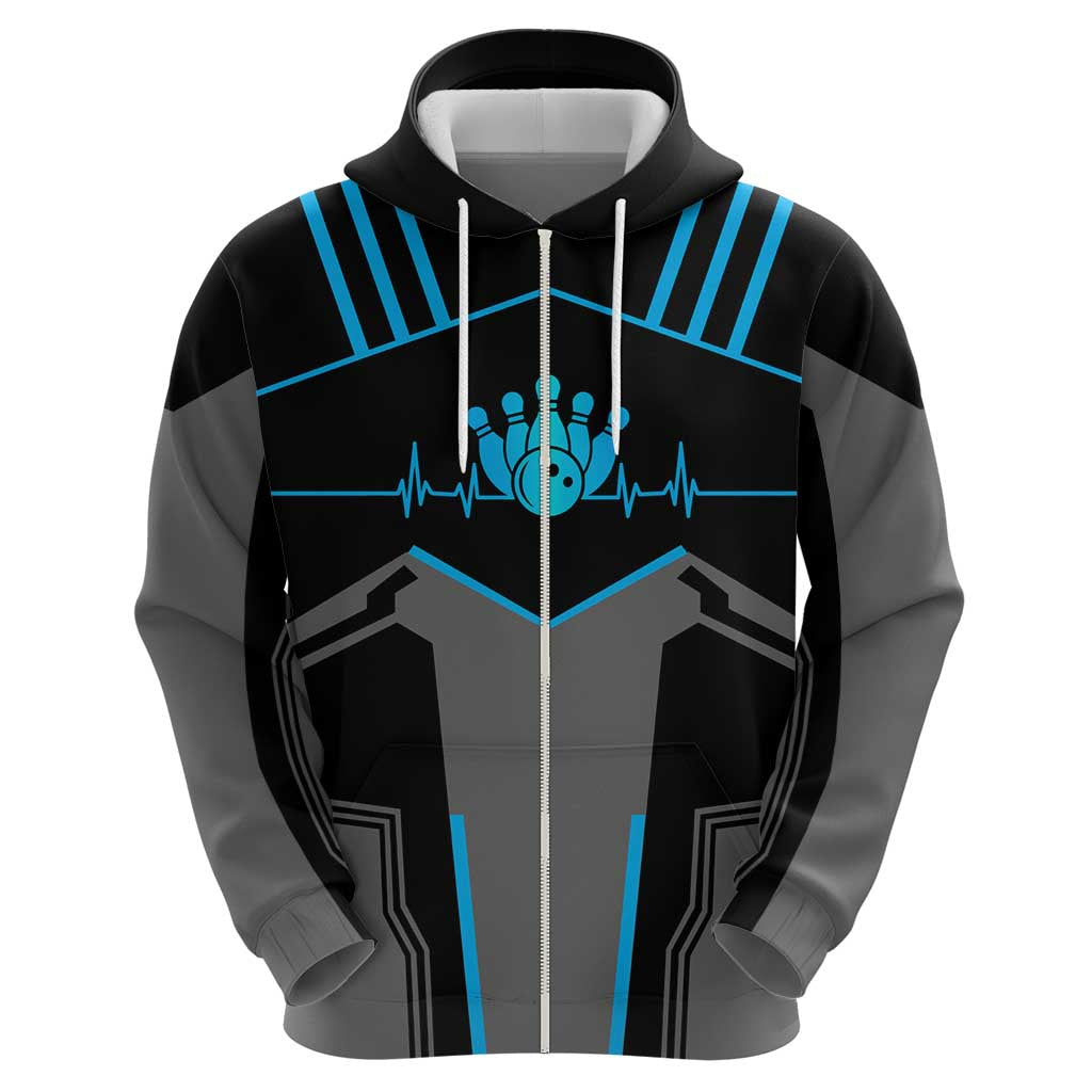 Custom Bowling Team Hoodie with Blue Bowling Pin Heartbeat Graphic and Winged Emblem TS04