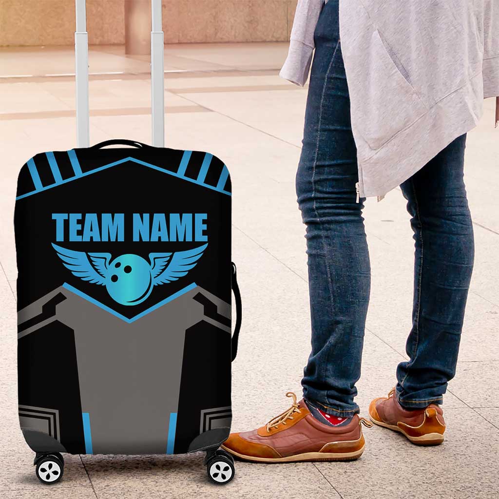 Custom Bowling Team Luggage Cover with Blue Bowling Pin Heartbeat Graphic and Winged Emblem TS04