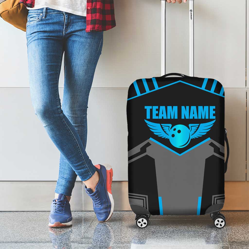 Custom Bowling Team Luggage Cover with Blue Bowling Pin Heartbeat Graphic and Winged Emblem TS04