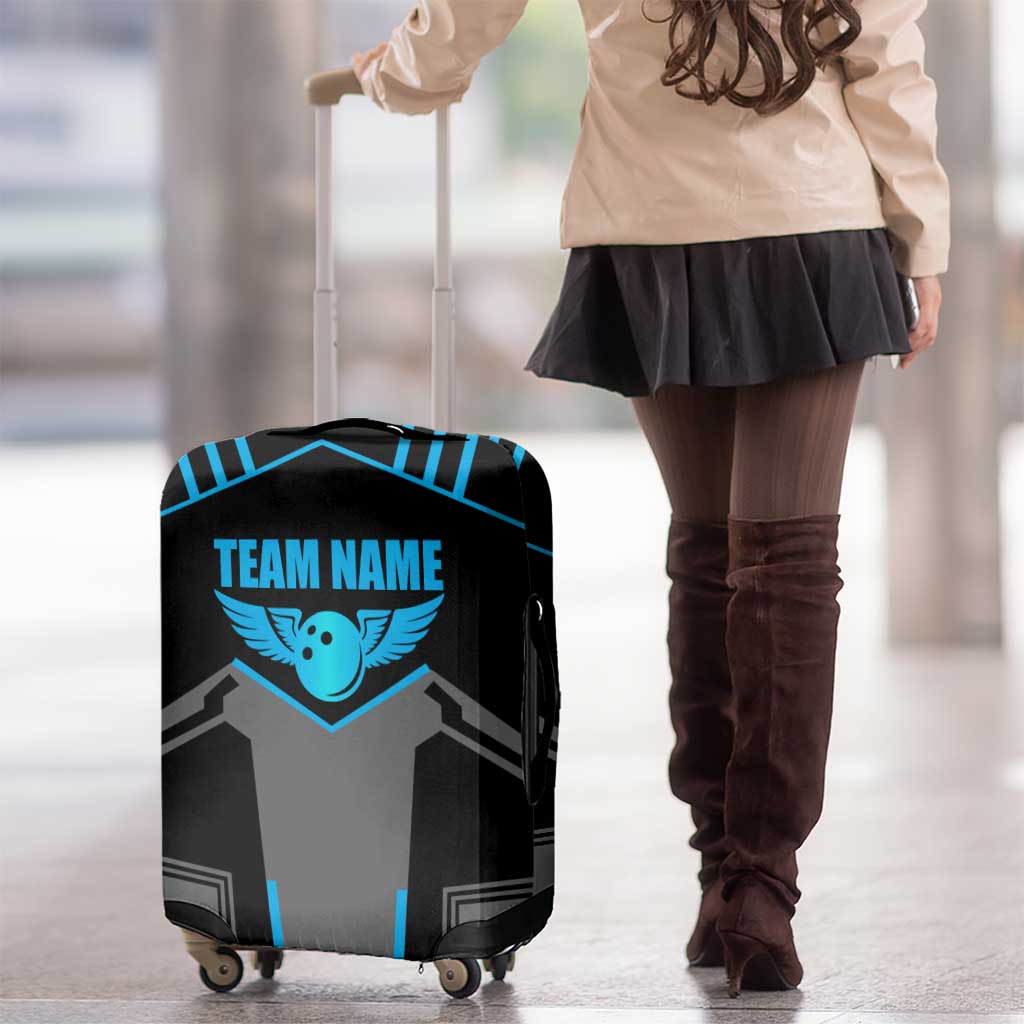Custom Bowling Team Luggage Cover with Blue Bowling Pin Heartbeat Graphic and Winged Emblem TS04