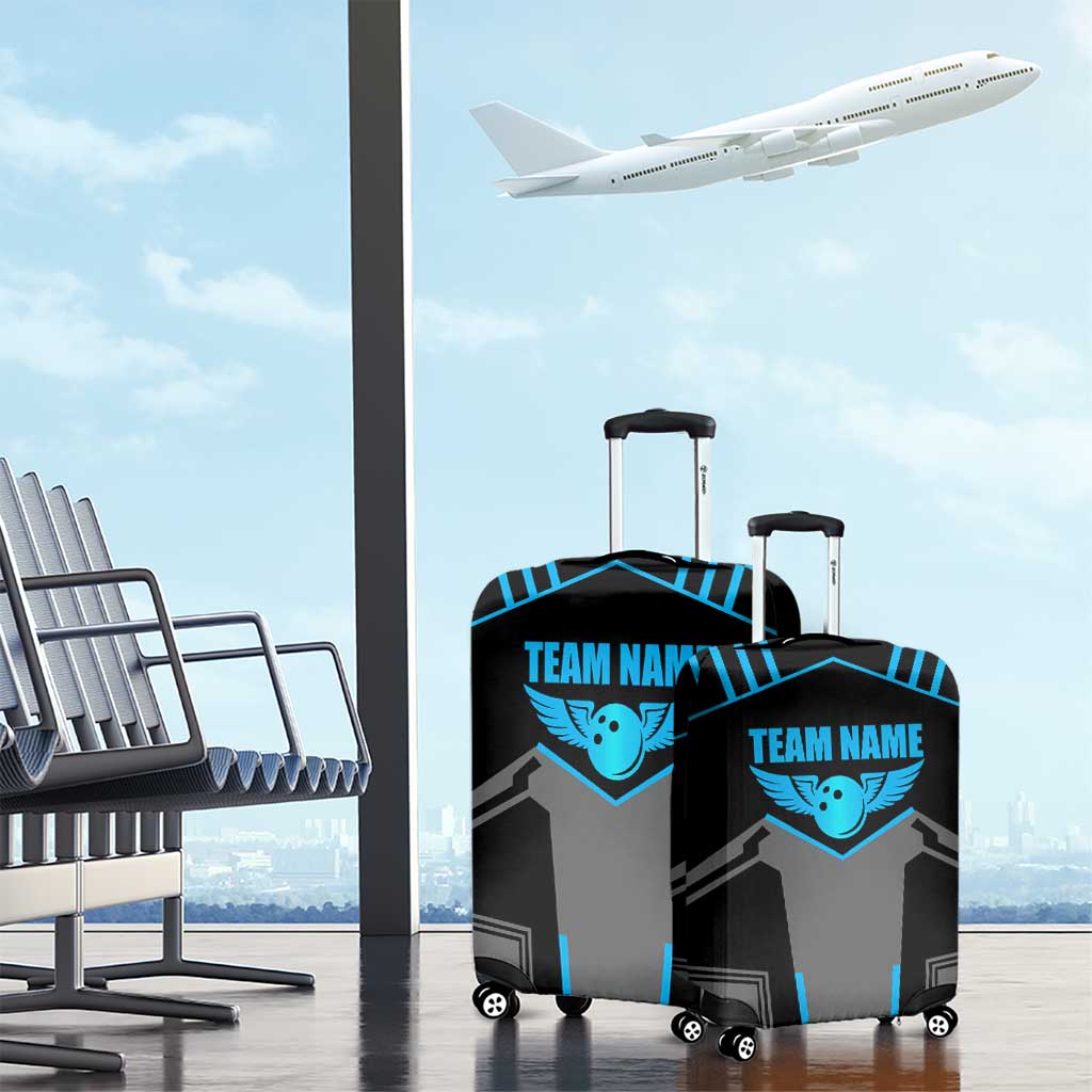 Custom Bowling Team Luggage Cover with Blue Bowling Pin Heartbeat Graphic and Winged Emblem TS04