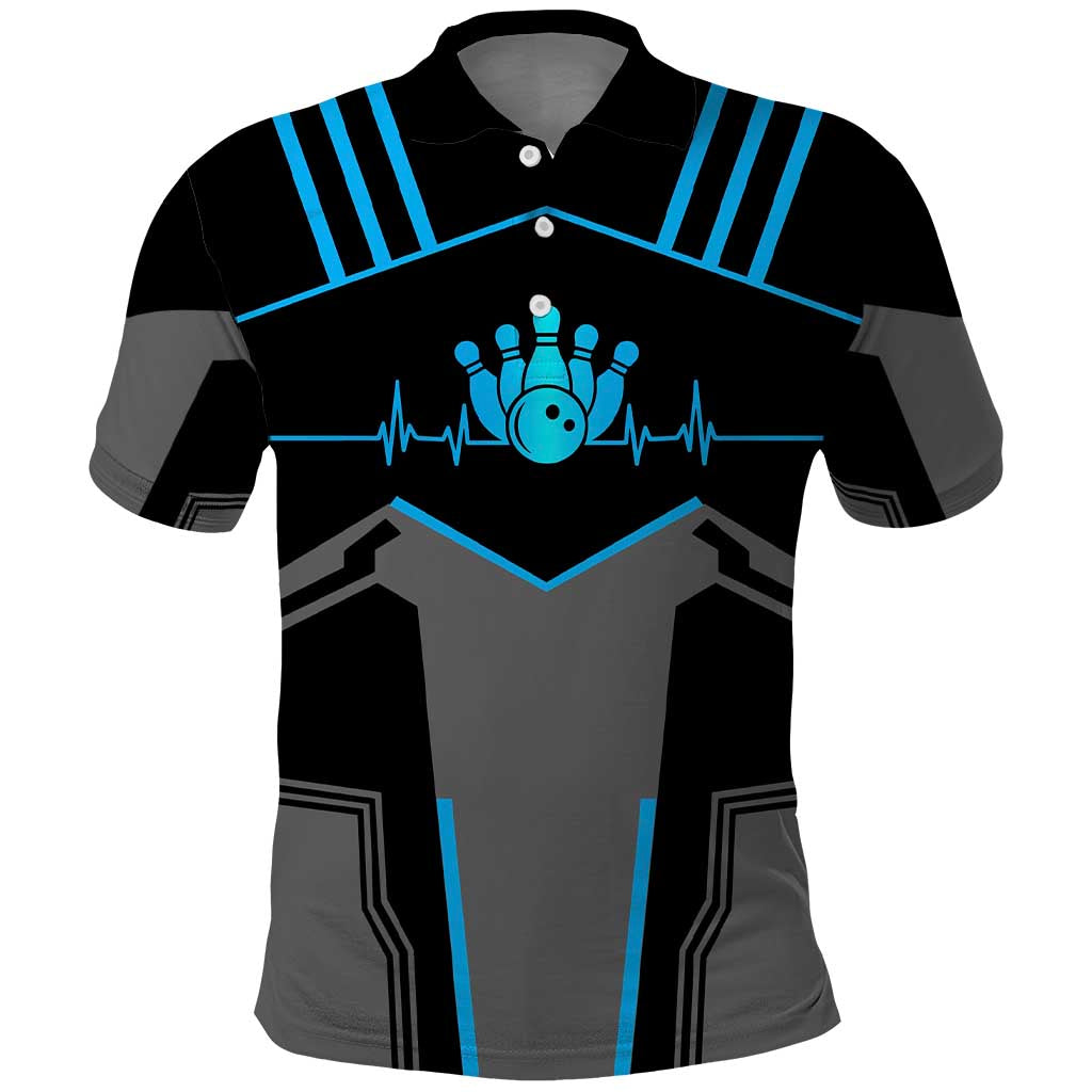 Custom Bowling Team Polo Shirt with Blue Bowling Pin Heartbeat Graphic and Winged Emblem TS04