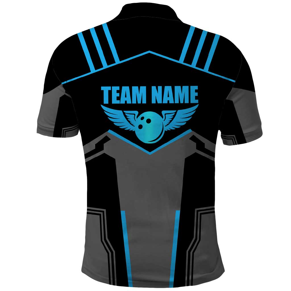 Custom Bowling Team Polo Shirt with Blue Bowling Pin Heartbeat Graphic and Winged Emblem TS04
