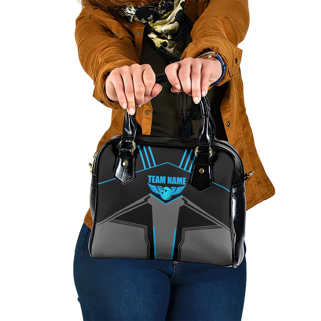 Custom Bowling Team Shoulder Handbag with Blue Bowling Pin Heartbeat Graphic and Winged Emblem TS04