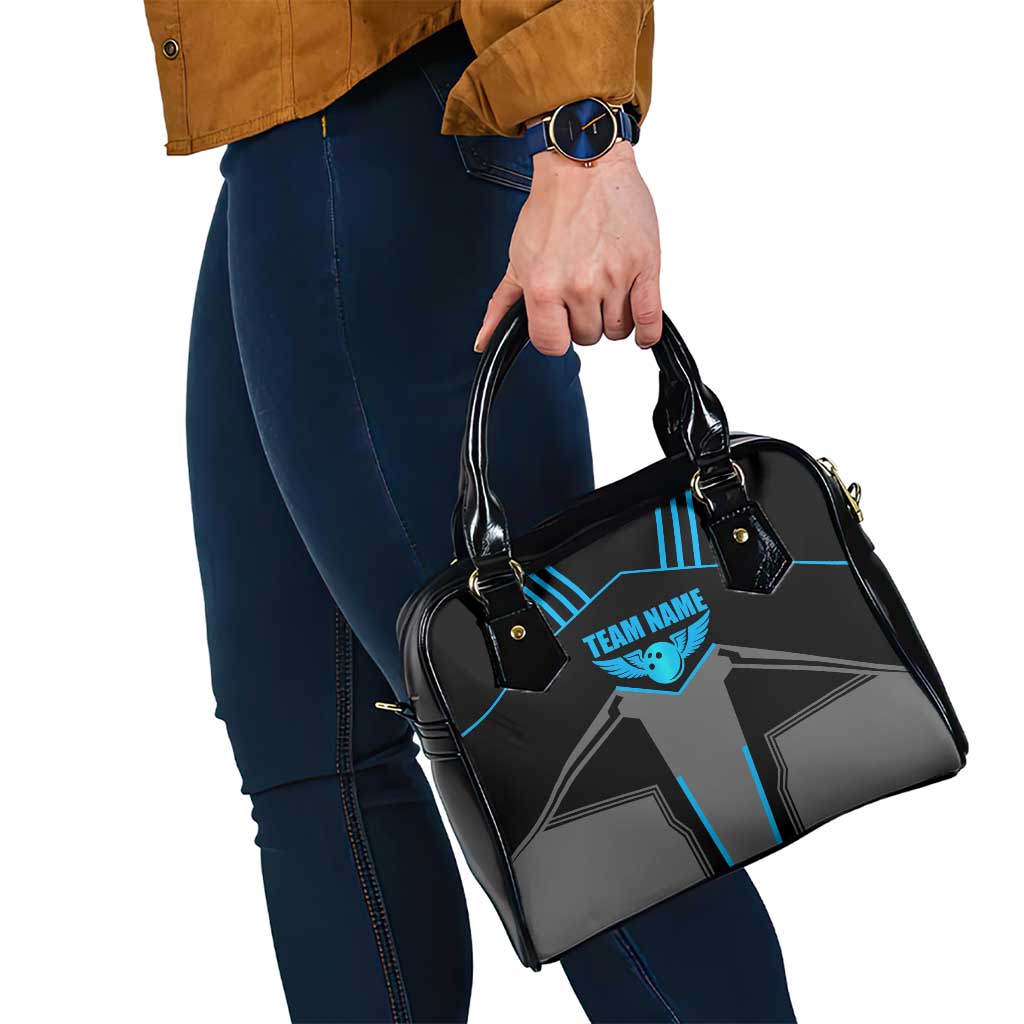 Custom Bowling Team Shoulder Handbag with Blue Bowling Pin Heartbeat Graphic and Winged Emblem TS04