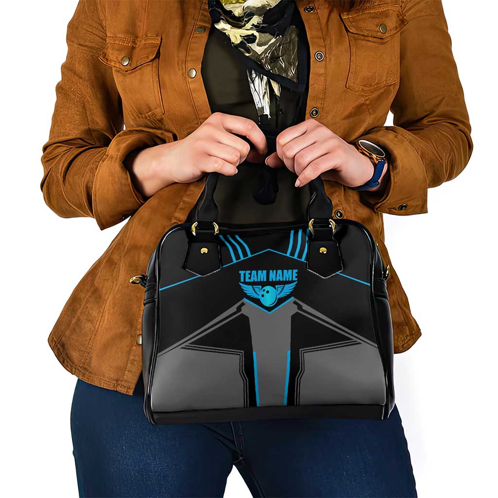 Custom Bowling Team Shoulder Handbag with Blue Bowling Pin Heartbeat Graphic and Winged Emblem TS04