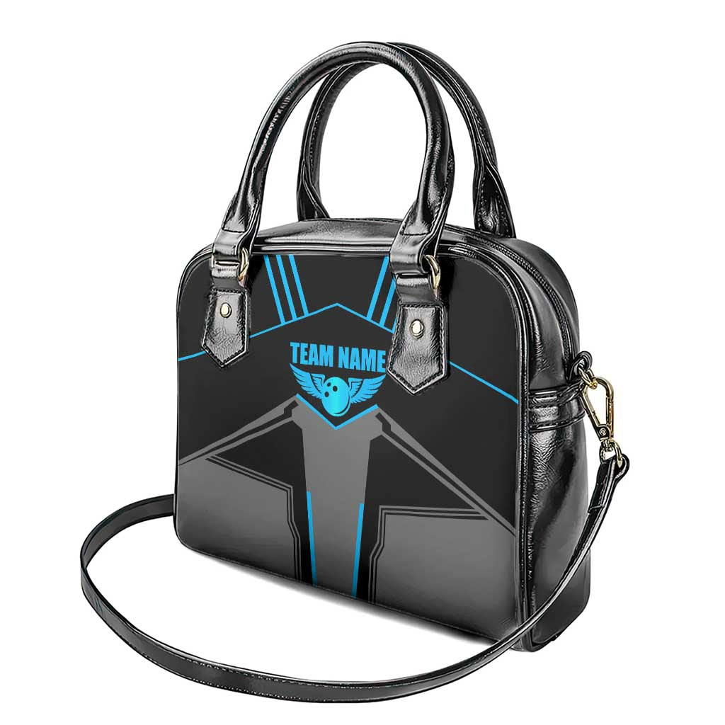 Custom Bowling Team Shoulder Handbag with Blue Bowling Pin Heartbeat Graphic and Winged Emblem TS04