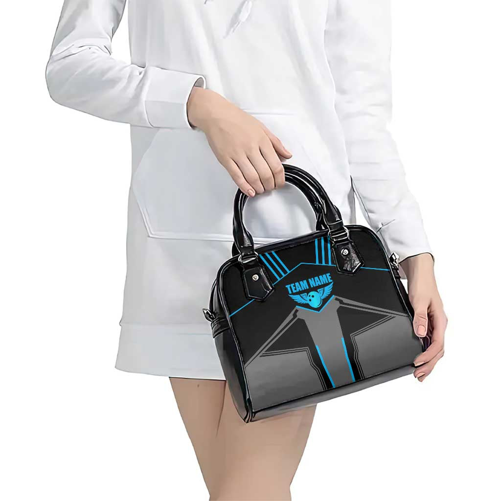 Custom Bowling Team Shoulder Handbag with Blue Bowling Pin Heartbeat Graphic and Winged Emblem TS04