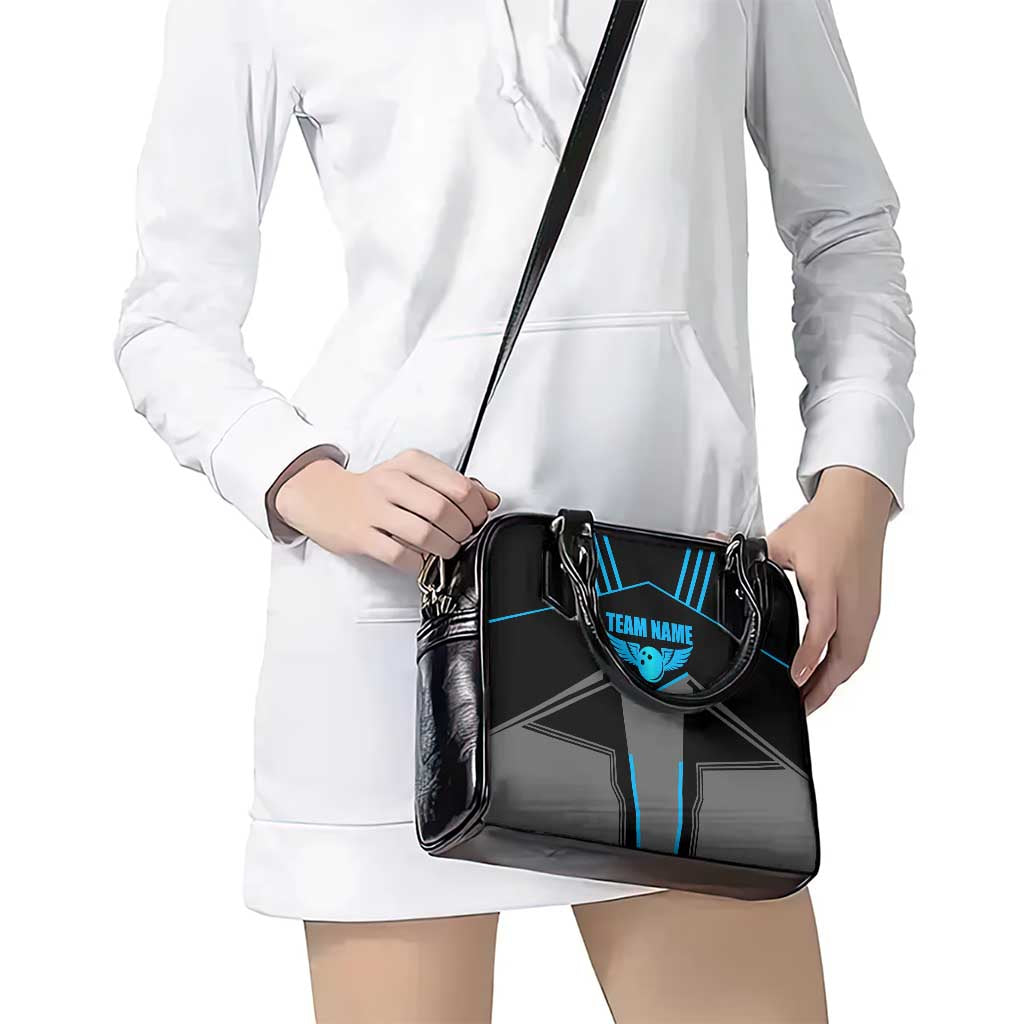 Custom Bowling Team Shoulder Handbag with Blue Bowling Pin Heartbeat Graphic and Winged Emblem TS04