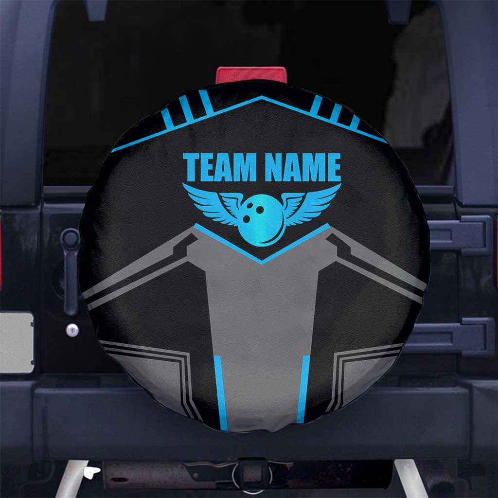 Custom Bowling Team Spare Tire Cover with Blue Bowling Pin Heartbeat Graphic and Winged Emblem TS04