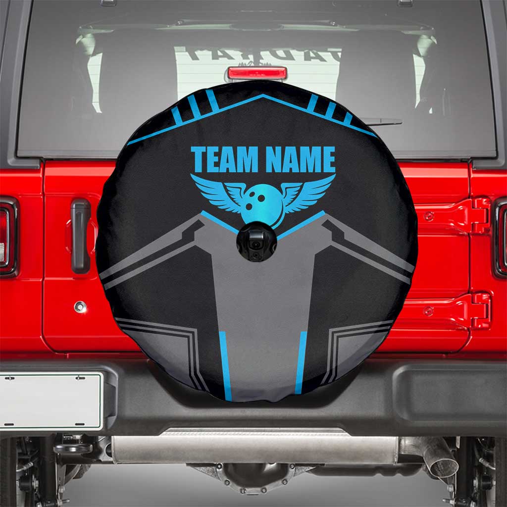 Custom Bowling Team Spare Tire Cover with Blue Bowling Pin Heartbeat Graphic and Winged Emblem TS04