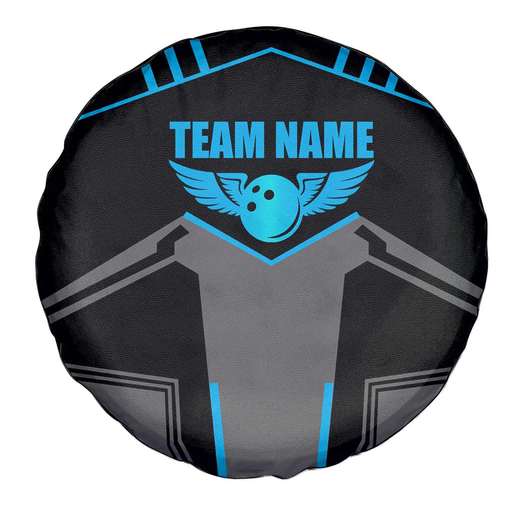 Custom Bowling Team Spare Tire Cover with Blue Bowling Pin Heartbeat Graphic and Winged Emblem TS04