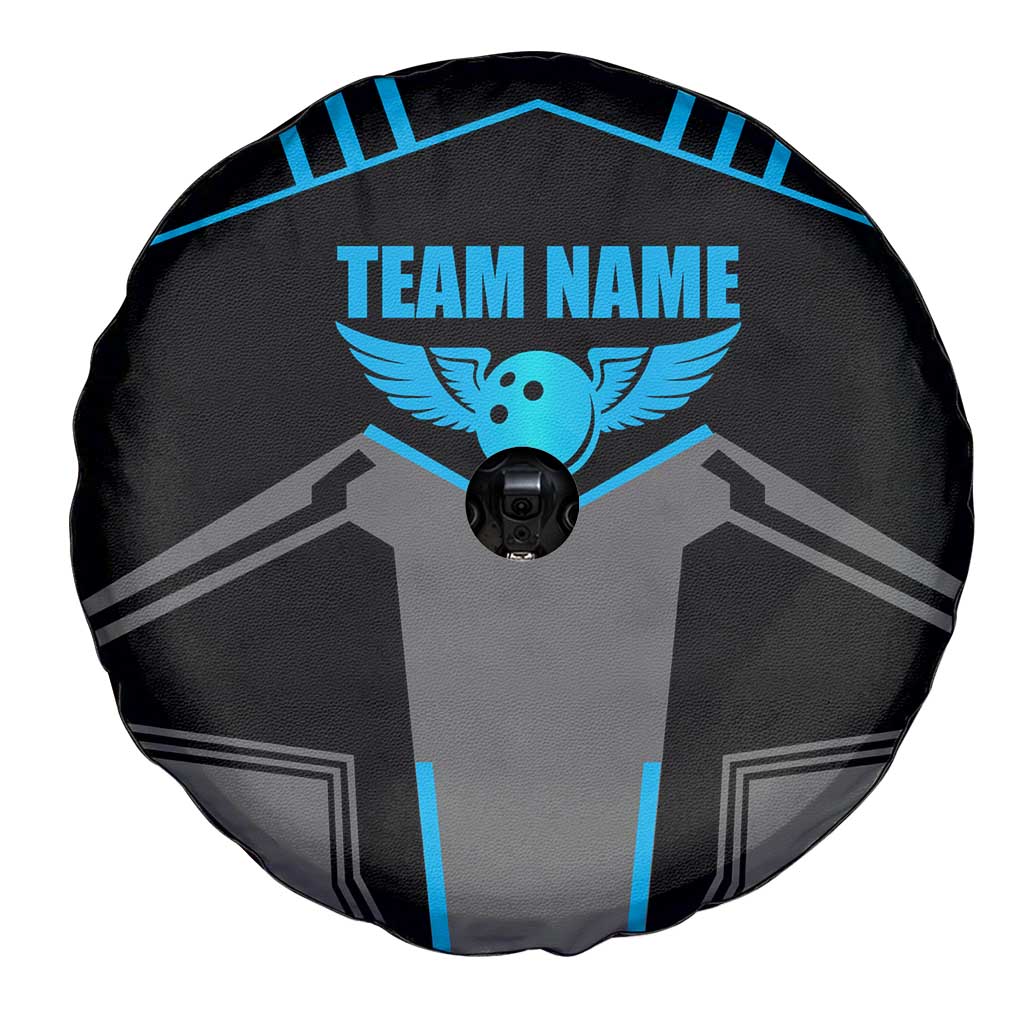 Custom Bowling Team Spare Tire Cover with Blue Bowling Pin Heartbeat Graphic and Winged Emblem TS04