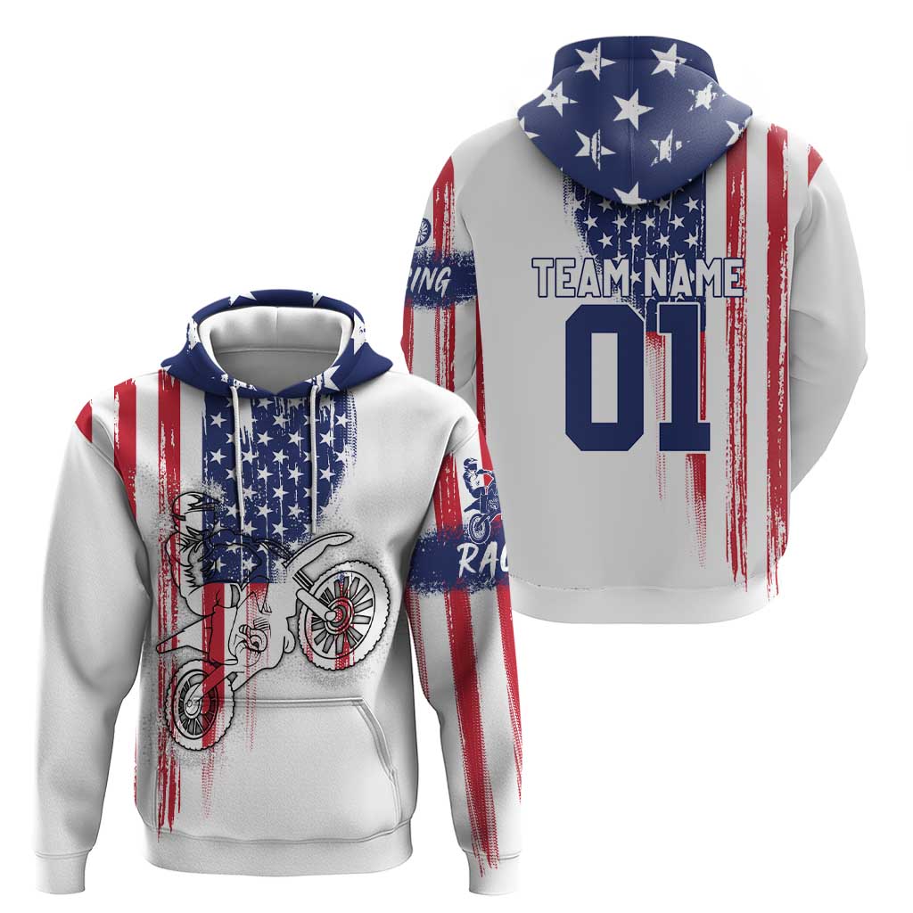 Motocross Rider Graphic Dirtbike Racing Hoodie with Distressed American Flag and Custom Number TS04