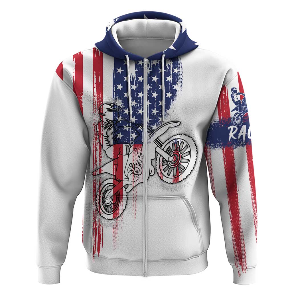 Motocross Rider Graphic Dirtbike Racing Hoodie with Distressed American Flag and Custom Number TS04