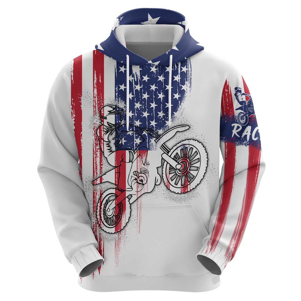 Motocross Rider Graphic Dirtbike Racing Hoodie with Distressed American Flag and Custom Number TS04