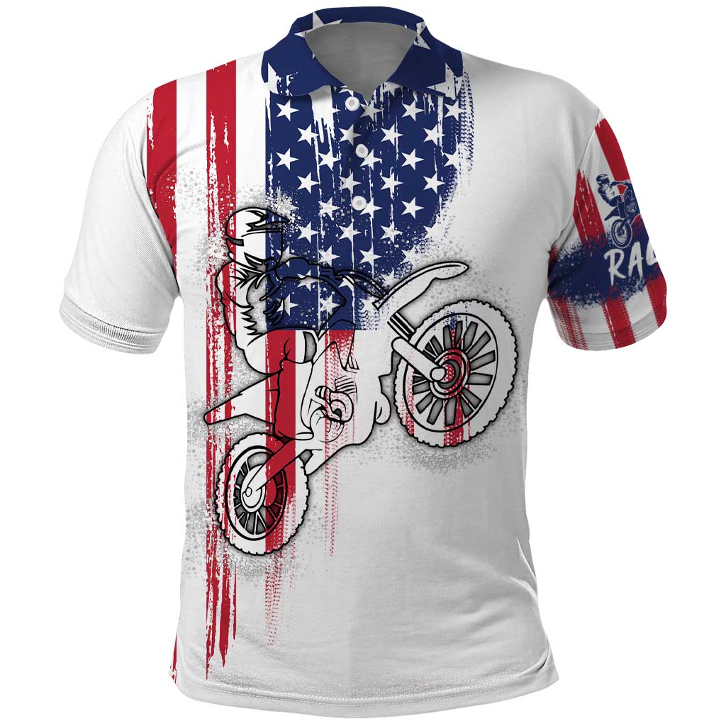 Motocross Rider Graphic Dirtbike Racing Polo Shirt with Distressed American Flag and Custom Number TS04