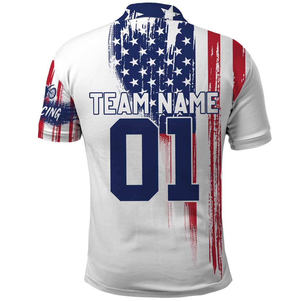 Motocross Rider Graphic Dirtbike Racing Polo Shirt with Distressed American Flag and Custom Number TS04