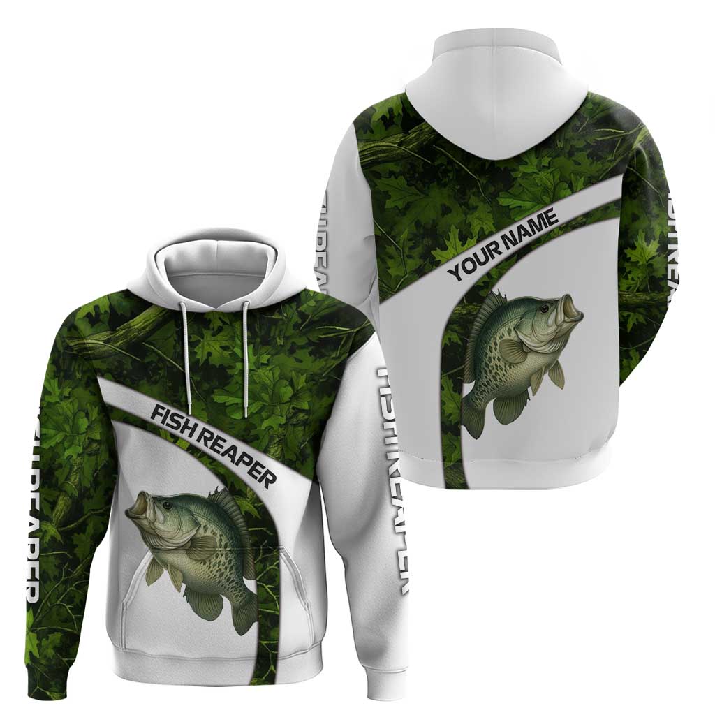 Crappie Fishing Green Camo Hoodie with Leaf Camouflage and Custom Name Design TS04