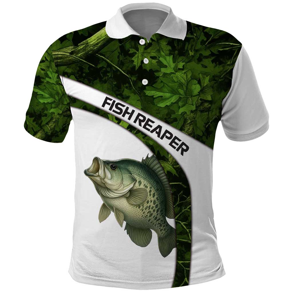 Crappie Fishing Green Camo Polo Shirt with Leaf Camouflage and Custom Name Design TS04