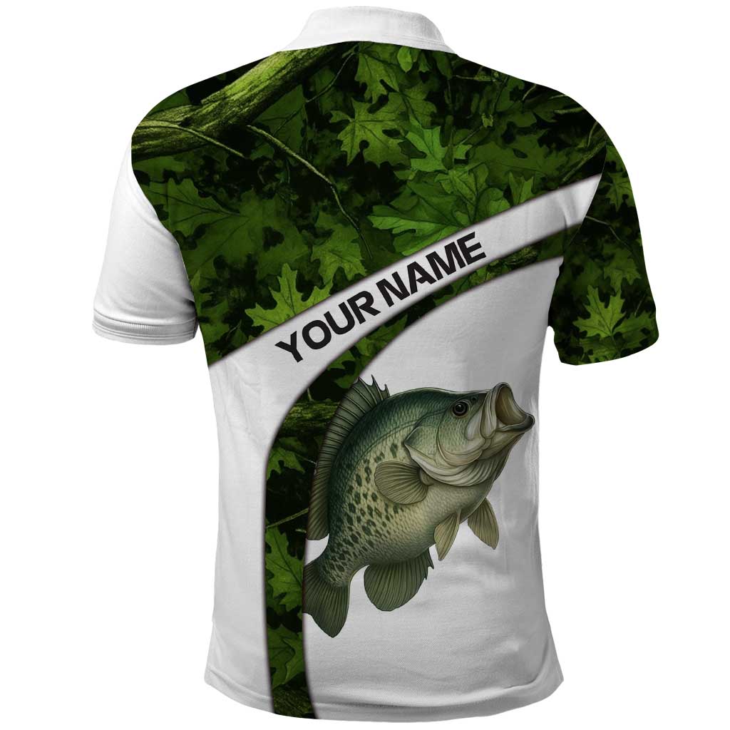 Crappie Fishing Green Camo Polo Shirt with Leaf Camouflage and Custom Name Design TS04